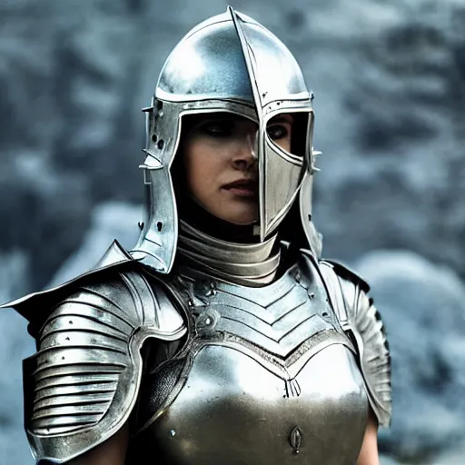 Image similar to a beautiful female knight in a light leather armor without any battle experience who only came to see a dragon, symmetrical, cinematic, real photography