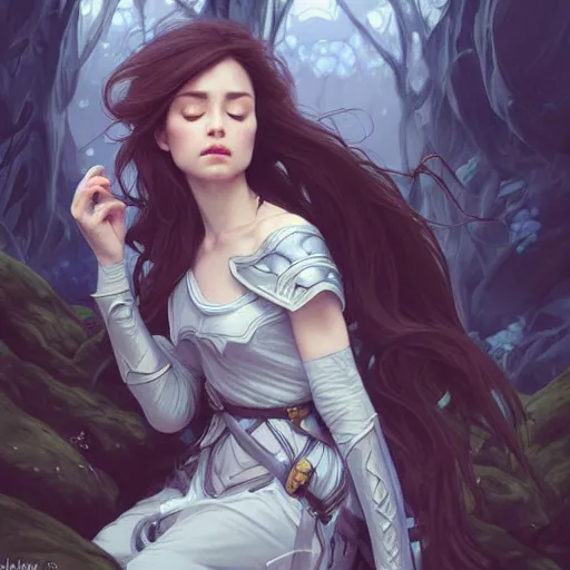 Image similar to wide angle, knight, sleeping on rock, white grey blue color palette, eyes closed, forest, female, d & d, fantasy, intricate, elegant, highly detailed, long brown hair, digital painting, artstation, octane render, concept art, matte, sharp focus, illustration, hearthstone, art by artgerm, alphonse mucha johannes voss