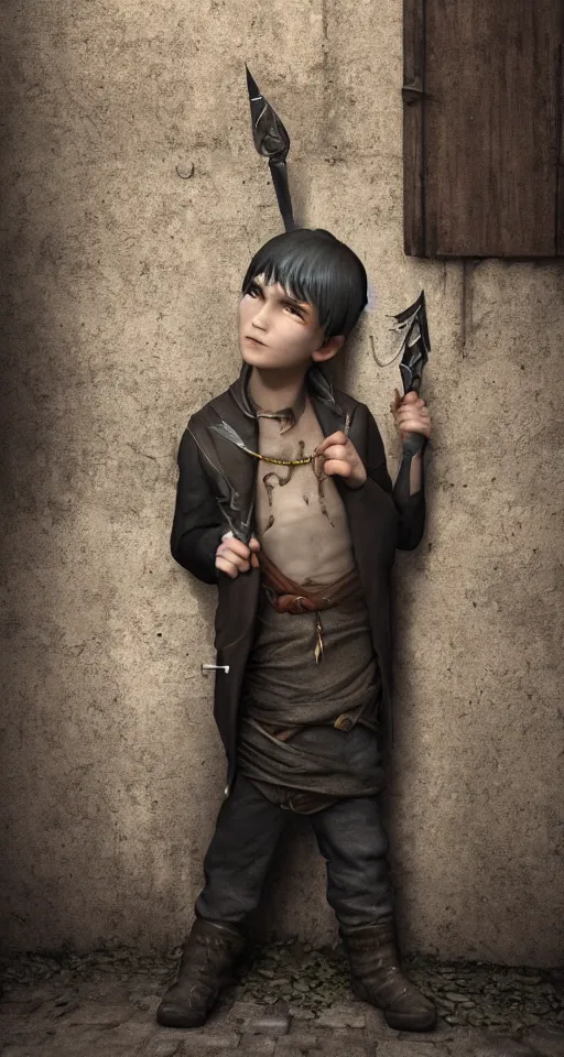 Prompt: A young boy wearing thief clothes with daggers in an alleyway, epic fantasy, octane render, high detail, photorealistic, High details,4k