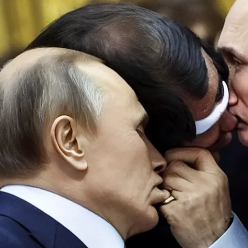 Prompt: vladimir putin kissing jair bolsonaro, very detailed