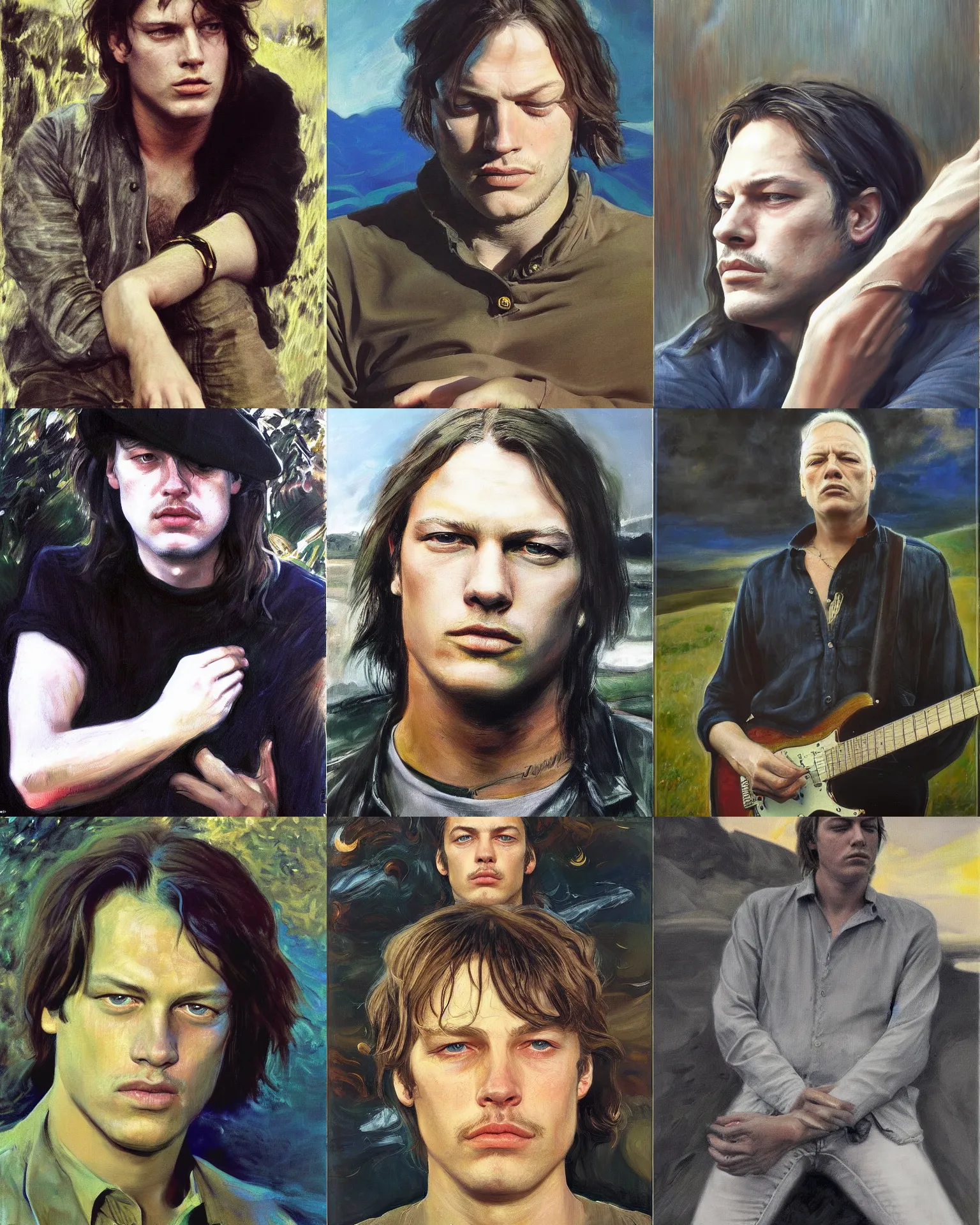 Prompt: david gilmour age 1 9 7 0 dramatic expression, plein air portrait painting by john singer sargent, alex gey background, donato giancola, fashion photography, psychedelic