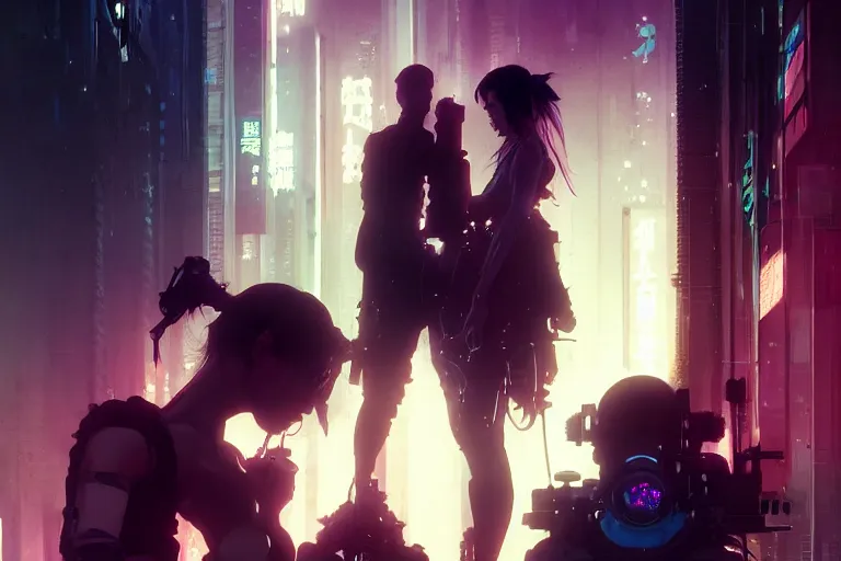 Image similar to hyper - realistic cinematic shot of cyberpunk romantic couple, extreme detail, in style of pan ren wei, yoji shinkawa, atey ghailan, ilya kuvshinov, by greg rutkowski, by greg tocchini, by james gilleard, by joe fenton, by kaethe butcher, grunge aesthetic