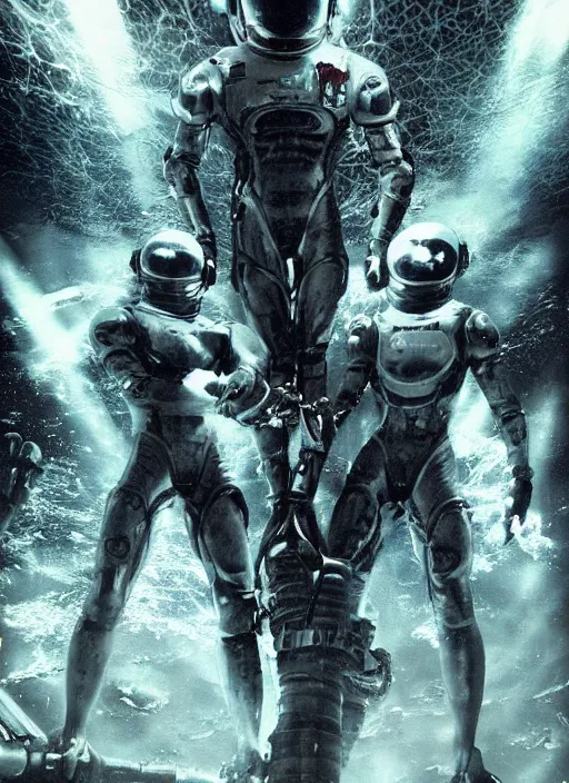 Image similar to astronauts in dark void underwater - complex and hyperdetailed technical suit. reflection and dispersion materials. rays and dispersion of light. volumetric light. f / 3 2. noise film photo. flash photography. ultra realistic, wide angle. poster by wayne barlowe, hajime sorayama aaron horkey, craig mullins