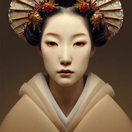 Image similar to portrait of a geisha, fractal, intricate, elegant, highly detailed, digital photography, subsurface scattering, cinematic lighting, by jheronimus bosch and james jean and greg rutkowski,