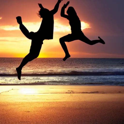 Prompt: Two people jump on the seashore in the sunset rays , twilight