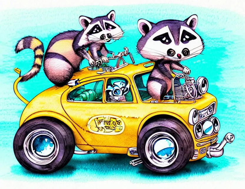 Image similar to cute and funny, racoon riding in a tiny hot rod with oversized engine, ratfink style by ed roth, centered award winning watercolor pen illustration, isometric illustration by chihiro iwasaki, edited by range murata, tiny details by artgerm and watercolor girl, symmetrically isometrically centered