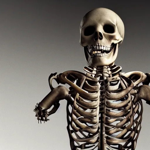 Prompt: An realistic, detailed image of an living skeleton rising from his crypt