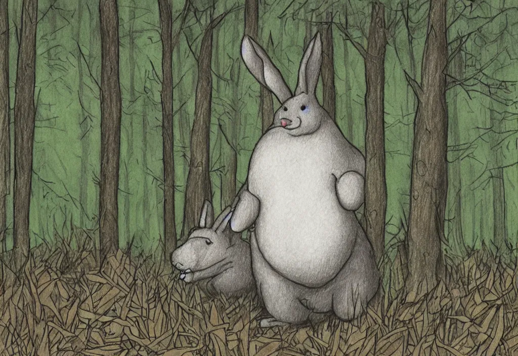Image similar to drawing of a sighting of big chungus in a forest, award winning drawing, high detail