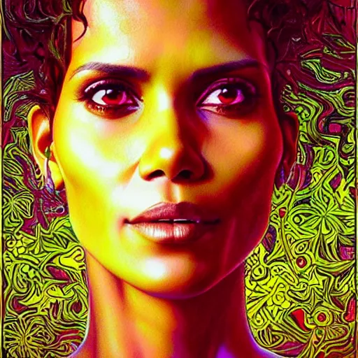 Image similar to portrait of halle berry, hyper detailed masterpiece, neon floral pattern, jean giraud, digital art painting, darkwave goth aesthetic, psychedelic, artgerm, donato giancola and tom bagshaw