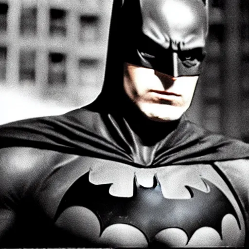 Prompt: batman in the sopranos, film still, 1 6 mm, gritty, film grain, newark,