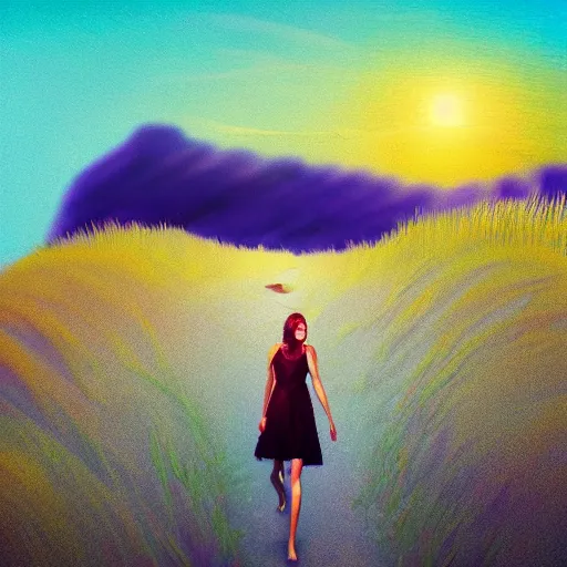 Image similar to portrait, giant dahlia flower head, girl walking between dunes, surreal photography, sunrise, blue sky, dramatic light, impressionist painting, digital painting, artstation, simon stalenhag