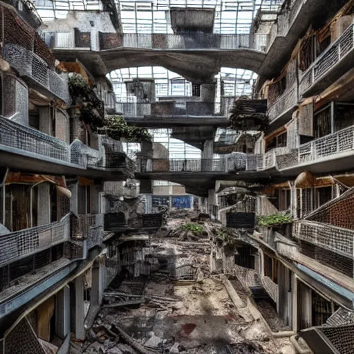 Image similar to of a dystopian city abandoned with debris, nice lighting, building full of plants, futurism, mc Escher, photography, architecture, 8k, detailed