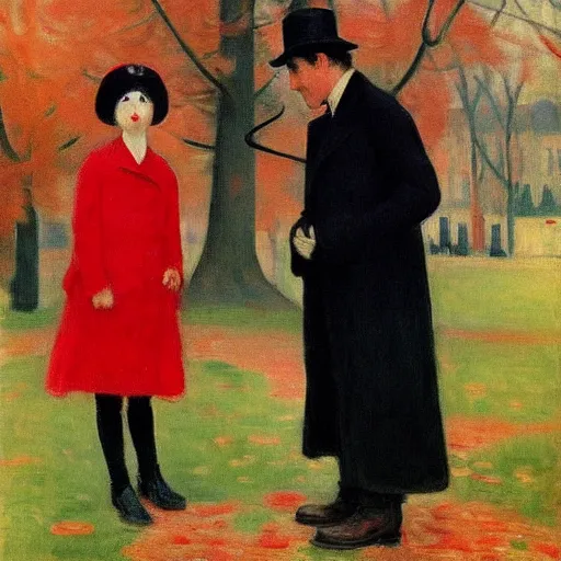 Image similar to a thin man in a black coat and bowler hat talks with small young girl who is dressed in a red coat and a red hat, park, autumn, 1923, wide angle, high detail, in style of Berthe Morisot, 8k, width 768