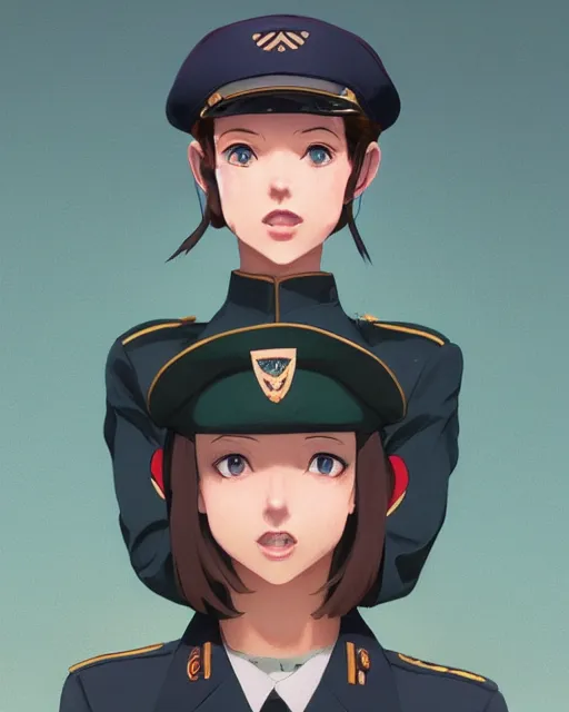 Image similar to young woman with shoulder length light brown hair and hazel eyes dressed in a sharp dark teal military uniform and beret, smiling, blurred city background in twilight lighting, ilya kuvshinov, anime, greg rutkowski, guweiz, ross tran, svetlana tigai, artgerm, concept art, digital painting, painterly