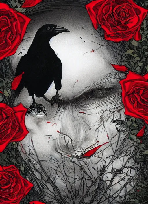 Image similar to portrait, A crow with red eyes in front of the full big moon, book cover, red roses, red white black colors, establishing shot, extremly high detail, foto realistic, cinematic lighting, pen and ink, intricate line drawings, by Yoshitaka Amano, Ruan Jia, Kentaro Miura, Artgerm, post processed, concept art, artstation, matte painting, style by eddie mendoza, raphael lacoste, alex ross