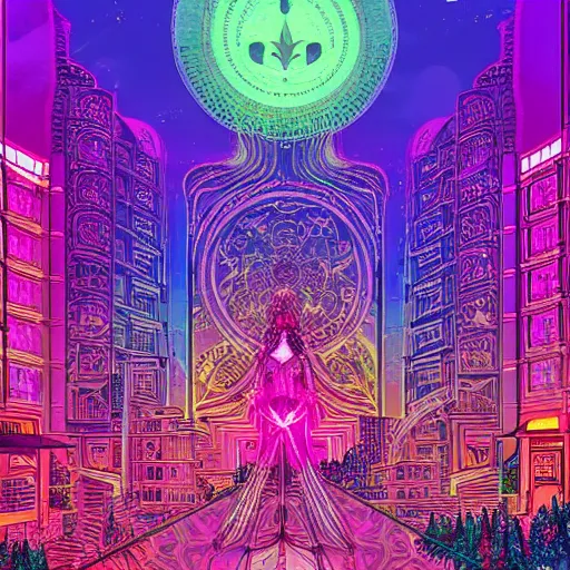 Prompt: mystical psychedelic poster with shaded lighting in the style of andriod jones and arjun brooklyn, radiant light, detailed and complex environment, beautiful, peaceful, utopic astral city in the sky with many buildings and temples reflecting a modern city on the ground with old growth pine trees, overlaid sacred geometry, with implied lines, gradient of hot pink and neon baby blue