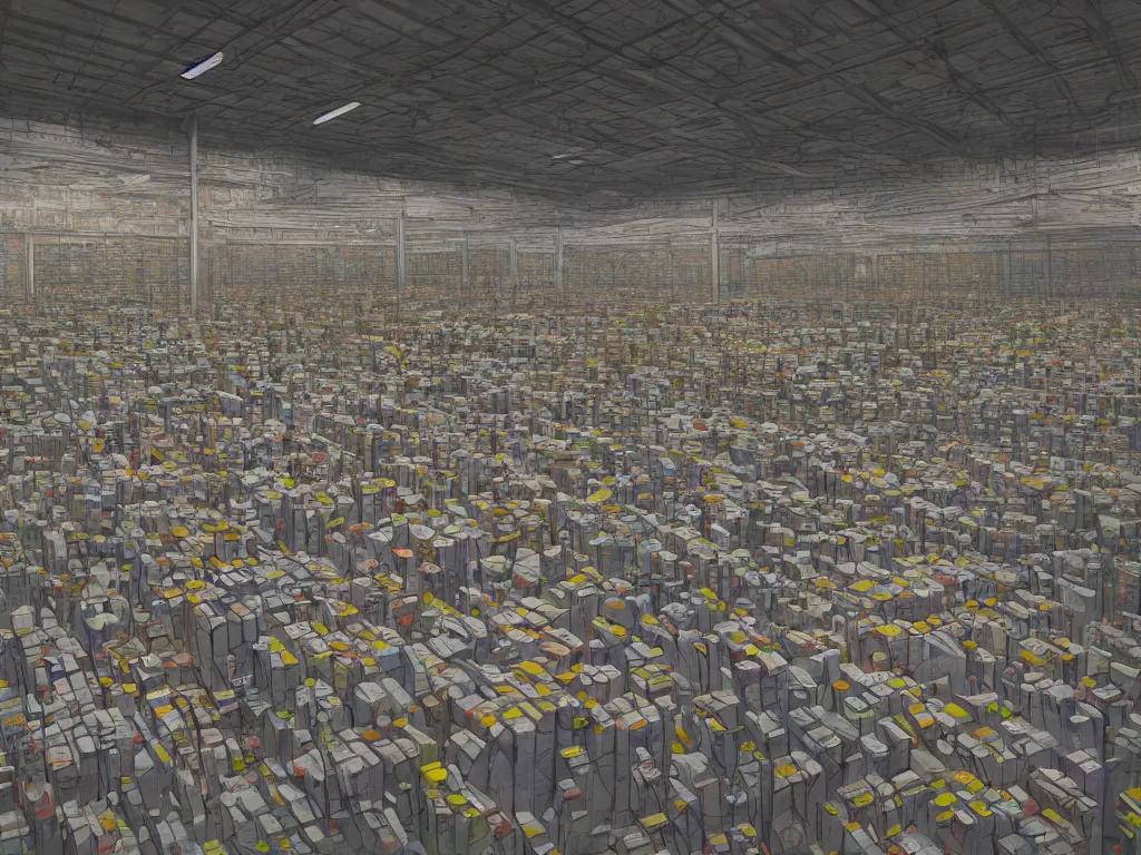 Image similar to a warehouse with huge shelves in which stacks of paper are stored in a painting from stalenhag, 4 k, 8 k, hdr, artstation, concept art