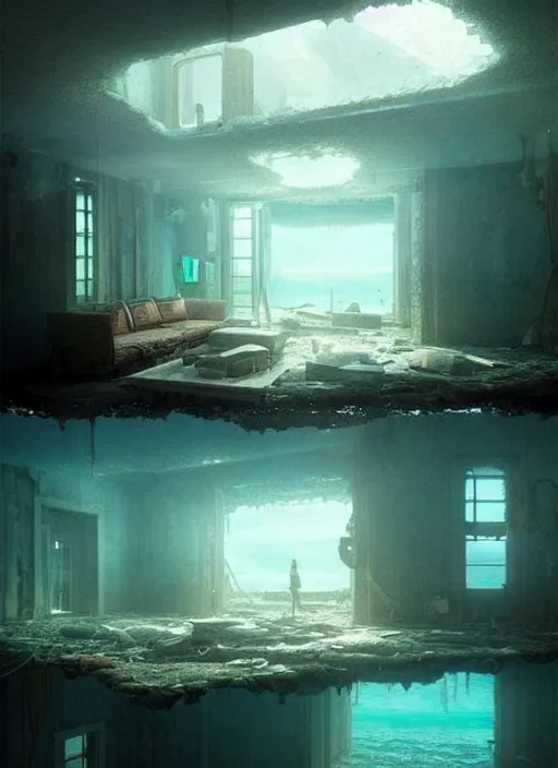 Image similar to inside a house that is sinking in the ocean, water is about mid level, furniture is half way submerged, concept art, highly detailed, cinematic lighting, digital art painting by greg rutkowski