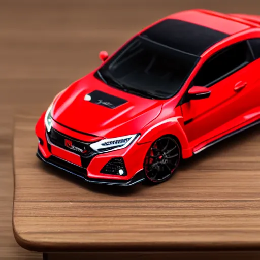 Prompt: civic type r fk 8 as a toy car on a wooden desk, focus shot, 1 0 5 mm, photo realistic