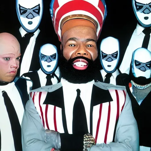 Image similar to conehead mr. t pop band, detailed facial expressions, 1 9 8 0 s aesthetic