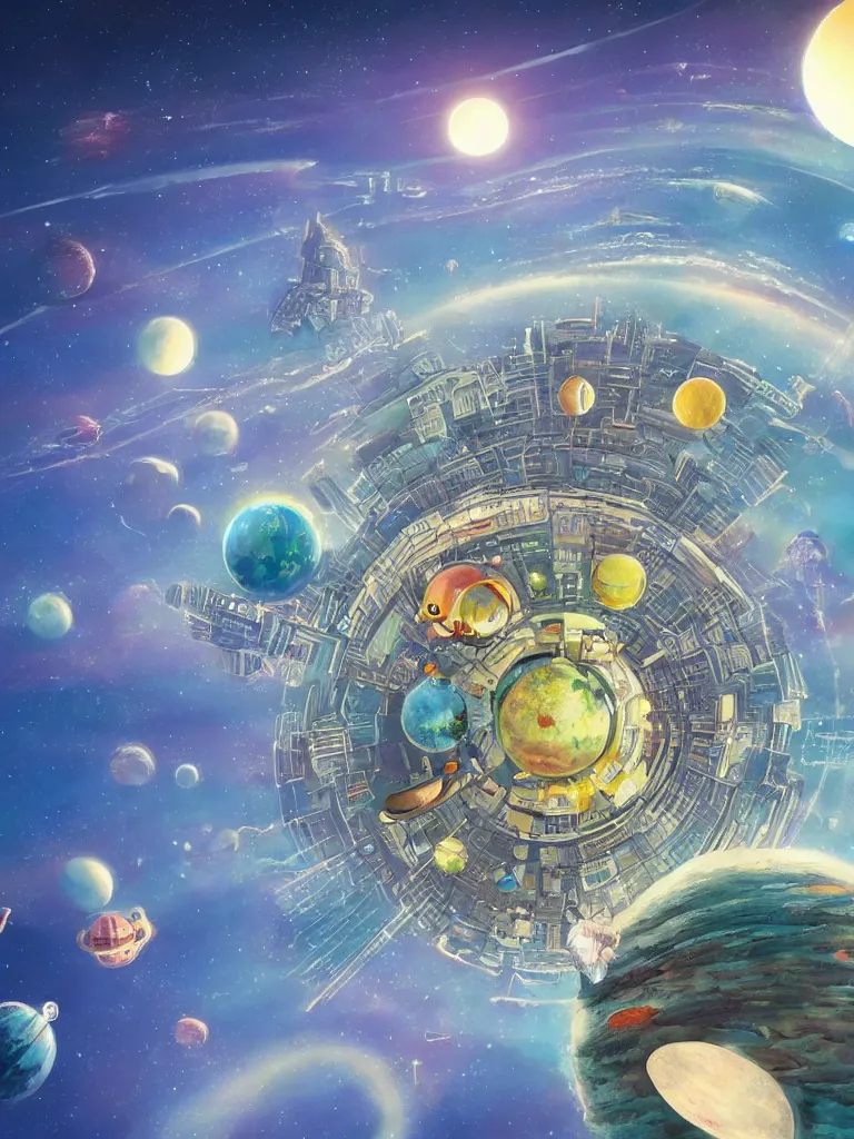 Image similar to detailed concept art of a fantastic space city on a tiny planet with multiple little moons and maybe some cute satellites against a breathtaking sky, by dr seuss and bob ross