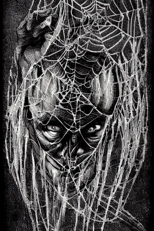 Image similar to portrait of a grotesque man spider wrapped in thick webs. horror art. disgusting.