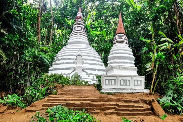 Prompt: sri lankan white stupa hidden in the jungle village, drawn by hayao miyazaki