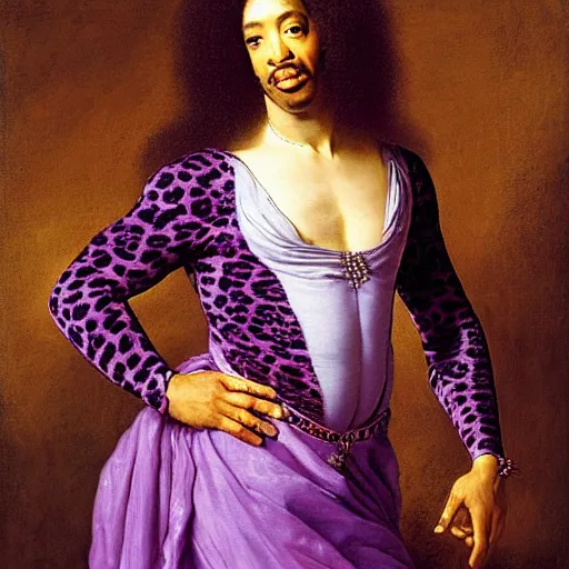 Image similar to portrait of Rick James wearing a purple leopard print leotard, masterpiece by Eugene de Blaas