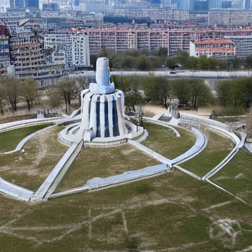 Image similar to aerial view of brutalist extensive monument ( ( ( ( ( park ) ) ) ) ) spomenik with ( ( railings ) ) photo, 4 k