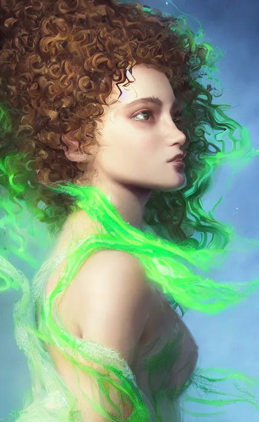 Image similar to a young woman with wild, curly hair and bright green eyes. she's wearing a flowing dress made of light, airy fabric and she has a mischievous look on her face, dynamic lighting, photorealistic fantasy concept art, trending on art station, stunning visuals, creative, cinematic, ultra detailed