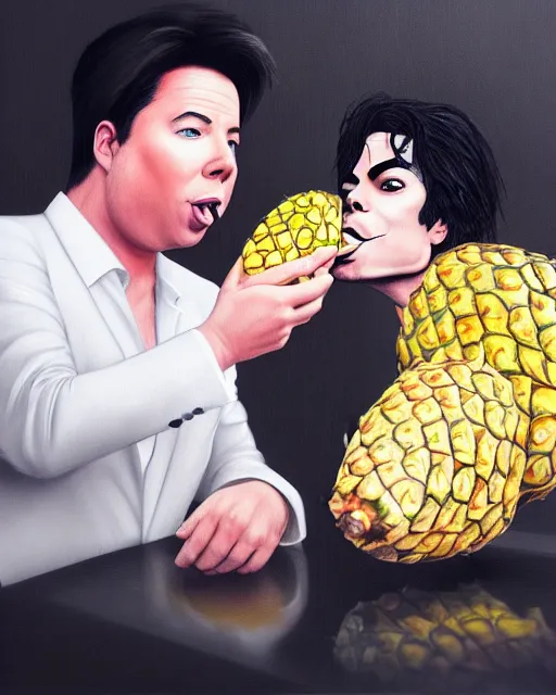 Prompt: Michael Mcintyre & white Michael Jackson eating pineapples in a nightclub,real life skin, intricate, elegant, highly detailed, artstation, concept art, smooth, sharp focus, photo