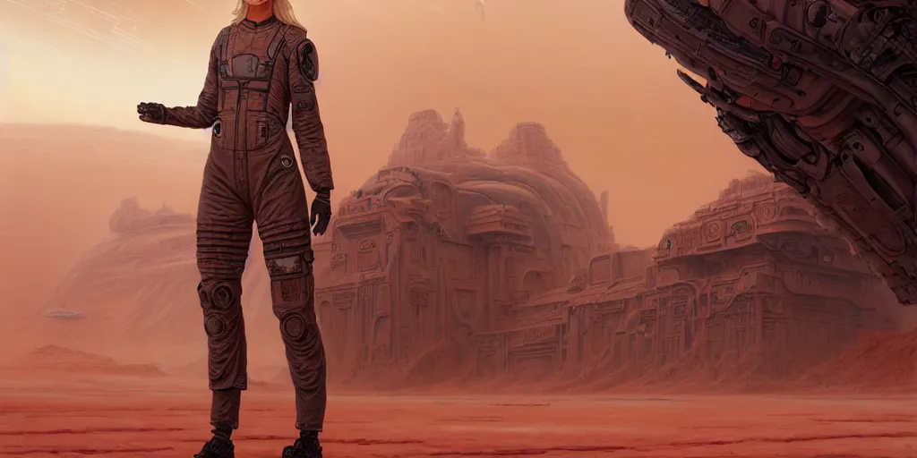 Prompt: tattooed stoic blonde butch emotionless woman engineer, wearing dirty ripped distressed flight suit, primitive desert planet with red dust storms, gigantic ancient alien temple in background, highly detailed, digital painting, artstation, concept art, matte, sharp focus, illustration, art by artgerm and greg rutkowski and alphonse mucha