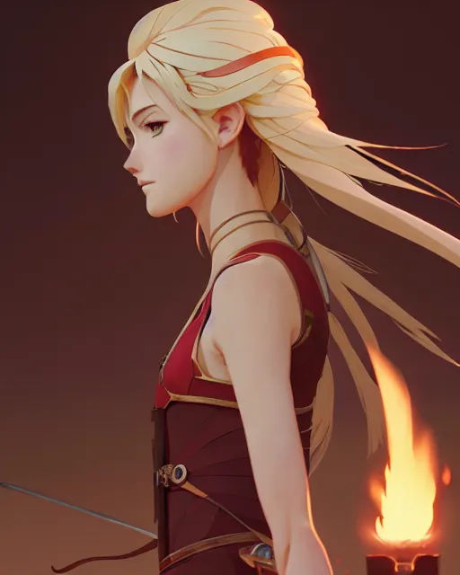 Image similar to azctec warrior, katherine mcnamara, detailed perfect face, exquisite details, fire magic, mid view, design on a white background, by studio muti, greg rutkowski makoto shinkai takashi takeuchi studio ghibli