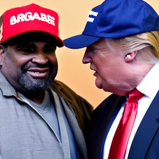 Image similar to patrice o'neal and donald trump shaking hands while smiling and laughing, ultra realistic, 8 k, photorealistic