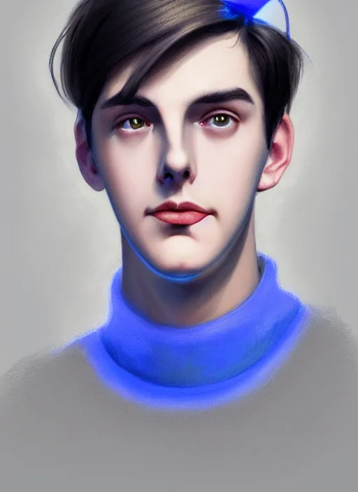 Image similar to portrait of teenage jughead jones wearing a light grey crown, crown, blue turtleneck, 1 9 5 0 s, closed eyes, photorealistic, black hair, glowing lighting, intricate, elegant, glowing lights, highly detailed, digital painting, artstation, concept art, smooth, sharp focus, illustration, art by wlop, mars ravelo and greg rutkowski