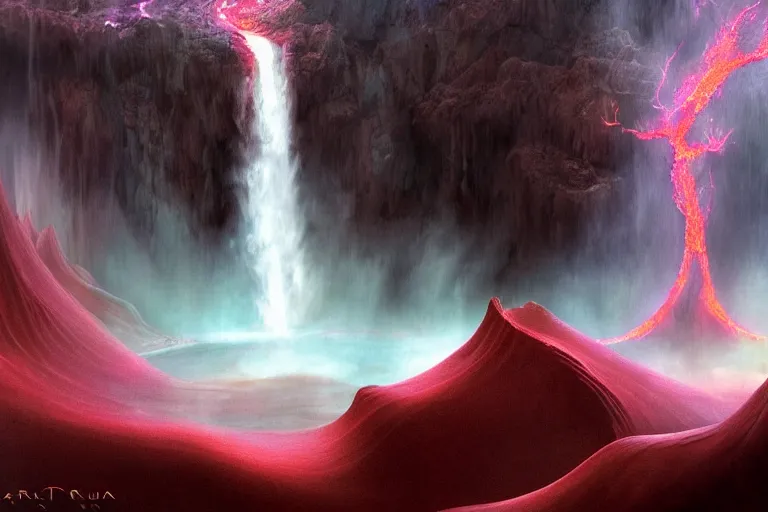 Image similar to Celestial majestic luxurios futuristic other worldly realm with Singaporean royal gold lush volcano erupting, volcano lava, set on Antelope Canyon with white thermal waters flowing down pink travertine terraces and lava overflowing, relaxing, ethereal and dreamy, thunderstorms and multiversal tornado, visually stunning, from Star Trek 2021, illustration, by WLOP and Ruan Jia and Mandy Jurgens and William-Adolphe Bouguereau, Artgerm