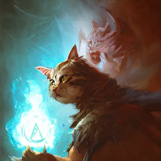 Image similar to Cat, Anthropomorphized, casting evil spell, magic the gathering artwork, D&D, fantasy, centered, symmetrical, highly detailed, artstation, concept art, sharp focus, 8k, art by Akihiko Yoshida and Greg Rutkowski and Craig Mullins, oil painting