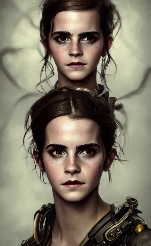 Image similar to steampunk biopunk portrait of emma watson, au naturel, hyper detailed, digital art, trending in artstation, cinematic lighting, studio quality, smooth render, unreal engine 5 rendered, octane rendered, art style by klimt and nixeu and ian sprigger and wlop and krenz cushart.