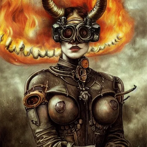 Image similar to a hyperrealistic painting of a beautiful woman with demonic horns wearing steampunk goggles, riding a horse into the fires of hell, by santiago caruso, highly detailed,