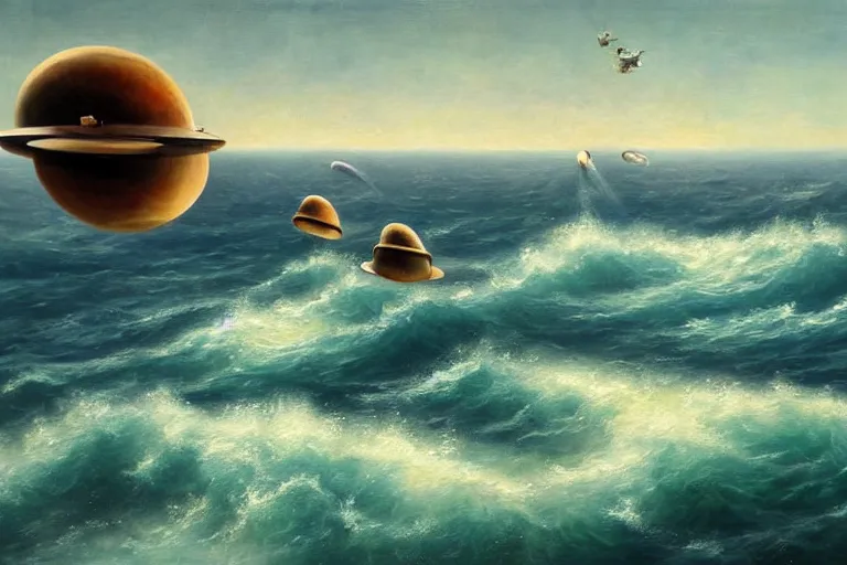 Image similar to two flying saucers battling over the ocean. high detailed oil painting. dramatic.