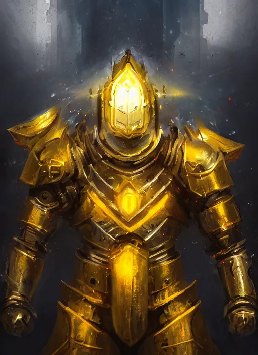 Image similar to dynamic attack position abstract portrait of a intricate glorious holy mechanical warforged character in yellow armor holding a paladin engraved great longsword drawn and carrying a big paladin shield, beam from eye , face in focus, epic , trending on ArtStation, masterpiece, cinematic lighting, by Ross Tran and by Greg Rutkowski