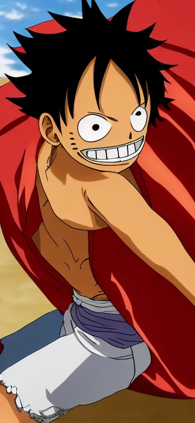 Prompt: a aerial photo of luffy, side shot, by shunji dodo, 8 k resolution, high quality