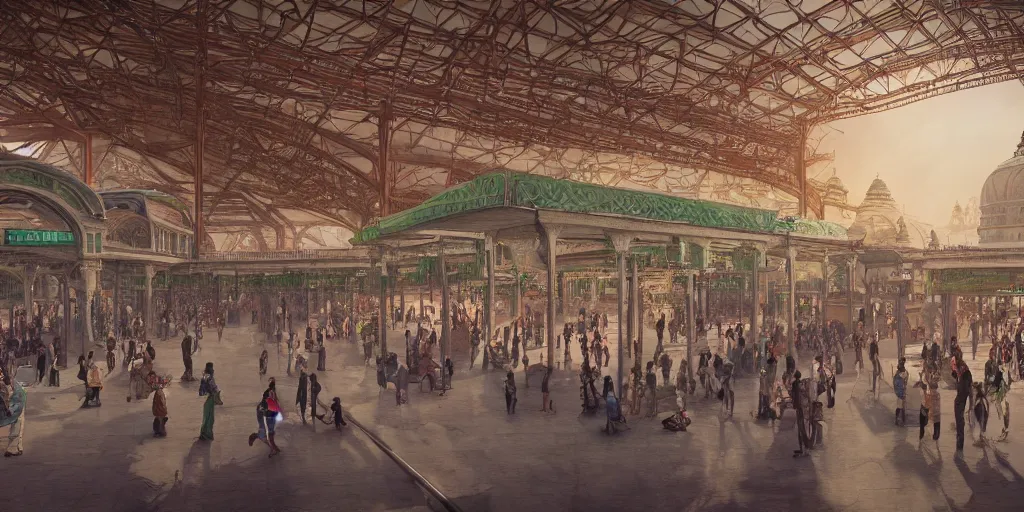 Prompt: cinematic movie scene, establishing shot, precise architectural rendering, interior of british era india railway station, bustling with people and, emerald, crystalline, detailed illustration, sharp focus, concept art, unreal engine, octane render, god rays, aesthetic