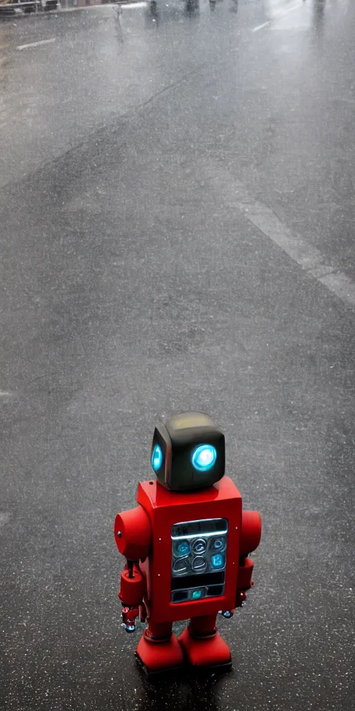 Image similar to robot on the road, city, photo, rain, rain, rain,