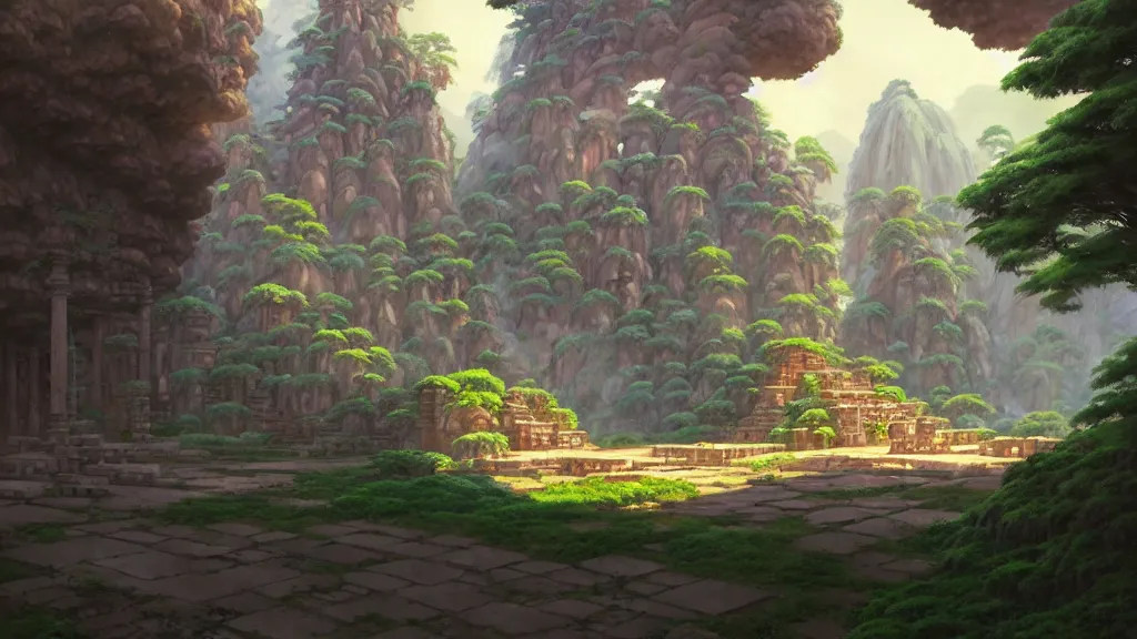 Image similar to ancient temple ruins, studio ghibli, pixar and disney animation, sharp, rendered in unreal engine 5, highly detailed, digital painting, artstation, concept art, smooth, sharp focus, illustration, wide angle, artbook, wallpaper, splash art, promo art, dramatic lighting, art by artgerm and greg rutkowski and bo chen and jin xiaodi