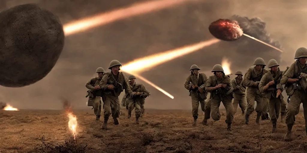 Image similar to A still from a movie of WWII soldiers retreating from an alien orbital bombardment by Roger Deakins. highly detailed, cinematic lighting, 4k