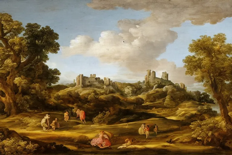 Prompt: pastoral landscape with ruined castle in the background by claud lorrain, french 1 6 0 0 - 1 6 8 2