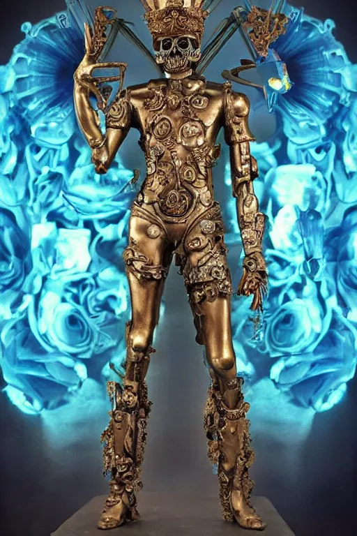 Image similar to a young handsome Spanish metal android with a large glowing blue lit crystal in the center of his chest, full-body bronze cyberpunk style statue of Icarus with glowing blue eyes, crown of mechanical peach roses, flowing teal-colored silk, fabric, steampunk flowers. baroque elements, human skull. full-length view. baroque element. intricate artwork by caravaggio. many flying horses on background. Trending on artstation, octane render, cinematic lighting from the right, hyper realism, octane render, 8k, depth of field, 3D