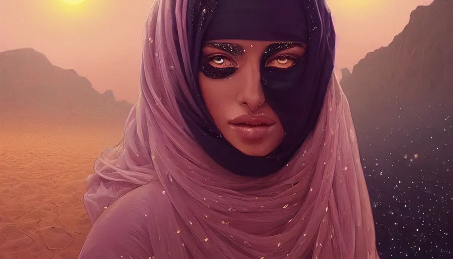 Image similar to Portrait of very very very very very very beautiful Arab woman wearing a Niqab, glowing magical eyes, energy trails, under giant full moon in the desert, intricate, elegant, highly detailed, digital painting, artstation, concept art, smooth, sharp focus, illustration, art by artgerm and greg rutkowski and alphonse mucha