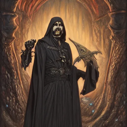 Image similar to Demon worshipper cultist wearing black robes and armed with a dagger as a fantasy D&D character, portrait art by Donato Giancola and James Gurney, digital art, trending on artstation